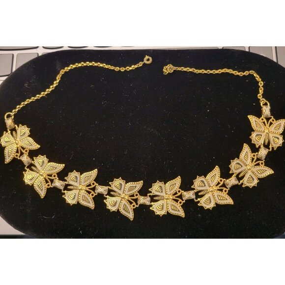 Damascene Spanish Butterfly Chain Link Gold Tone Necklace & Bracelet Vintage - Picture 3 of 8